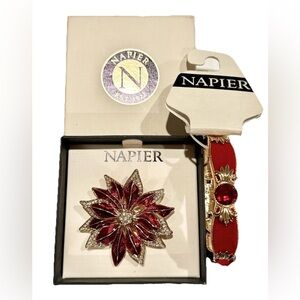 Napier Poinsettia Brooch Pin & Bracelet Gold Tone Red Christmas Holiday New NIB